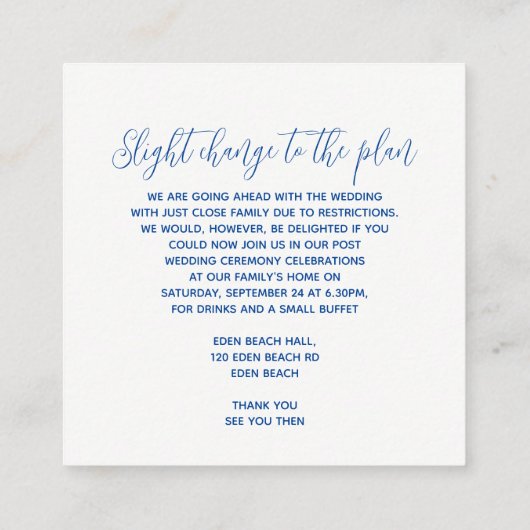 の結婚詳細サファイアブルーのアートがカードを変更 エンクロージャーカード (裏面)