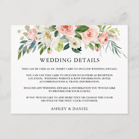 の結婚詳細ピンクフローラ挿入カード ポストカード (正面)