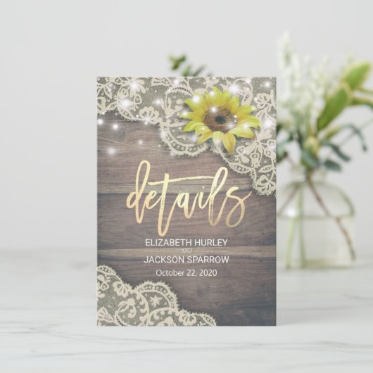 の結婚詳細レースサンフラワーウッド&ストリングライト 招待状 (スタンド正面)