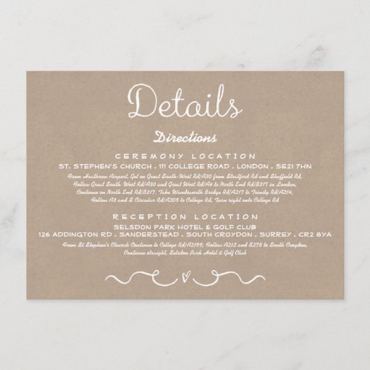 の結婚詳細挿入カード |国の素朴クラフト エンクロージャーカード (正面)