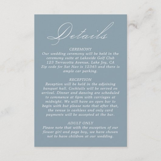 の結婚詳細書道台本ほこりっぽい青 エンクロージャーカード (正面)