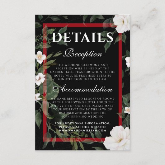 の結婚詳細白黒エレガントフローラ エンクロージャーカード (正面)