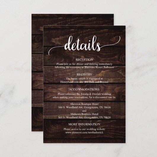 の結婚詳細、ダーク素朴ウッドをテーマにした エンクロージャーカード (正面/裏面)