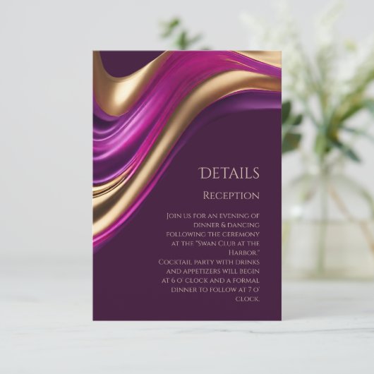 の結婚詳細 – 紫モダンの明るい赤紫色と金ゴールド エンクロージャーカード (スタンド正面)