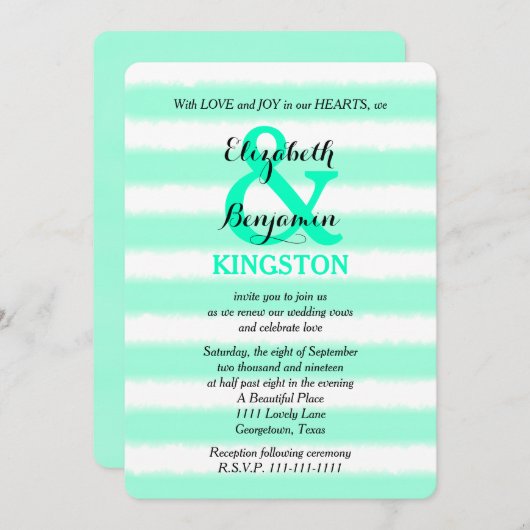 の結婚誓い更新ミント水の色のストライプ 招待状 (正面/裏面)