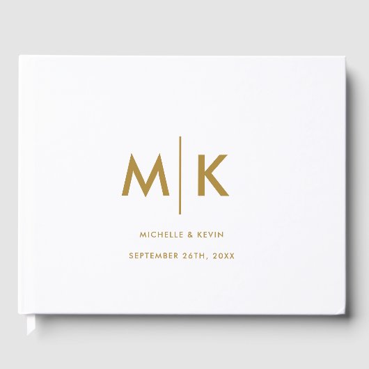 の結婚豪華モダンモノグラム白金ゴールド ゲストブック (正面)