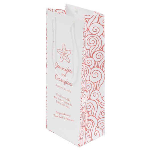 の結婚贈り物パーソナライズされたのスターフィッシュ・オレンジ・ワインバッグ ワインギフトバッグ (正面アングル)