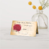 の結婚赤いハートリーフツリーオン金ゴールドバラ プレイスカード (裏面)