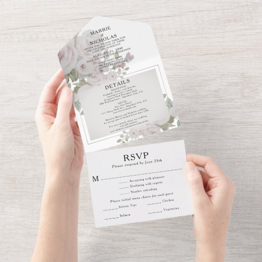 の結婚赤面グレーピンクのローズフローラ水色すべて オールインワン招待状 (貼ってはがせる)