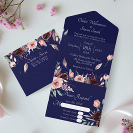 の結婚赤面ピンクとブルゴーニュのフローラネイビーブルー オールインワン招待状