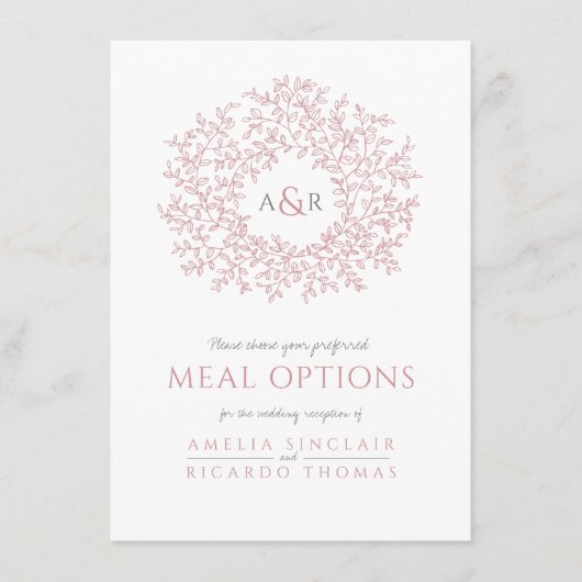 の結婚赤面ピンクの葉モノグラムの食事オプション エンクロージャーカード (正面)