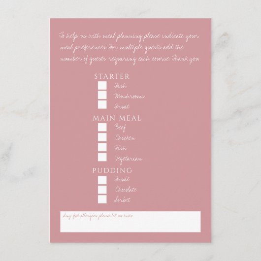 の結婚赤面ピンクの葉モノグラムの食事オプション エンクロージャーカード (裏面)