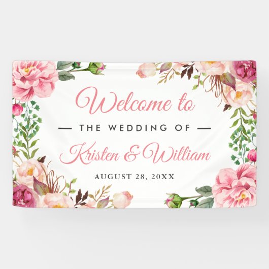 の結婚赤面ピンク水色フローラ包まれた 横断幕 (横)