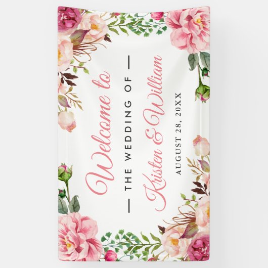 の結婚赤面ピンク水色フローラ包まれた 横断幕 (縦)