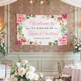 の結婚赤面ピンク水色フローラ包まれた 横断幕