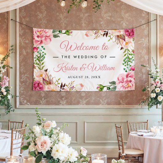 の結婚赤面ピンク水色フローラ包まれた 横断幕