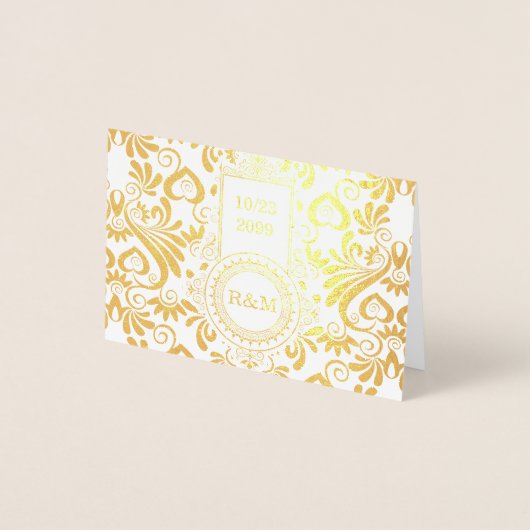 の結婚金ゴールドの渦巻き全カスタム文字 箔カード (正面)