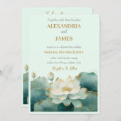 の結婚金ゴールドの縁がある蓮の花 招待状 (正面/裏面)