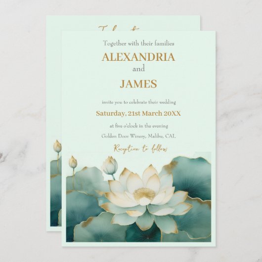 の結婚金ゴールドの縁がある蓮の花 招待状 (正面/裏面)