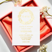 の結婚金ゴールドイエローフローラリース 箔招待状