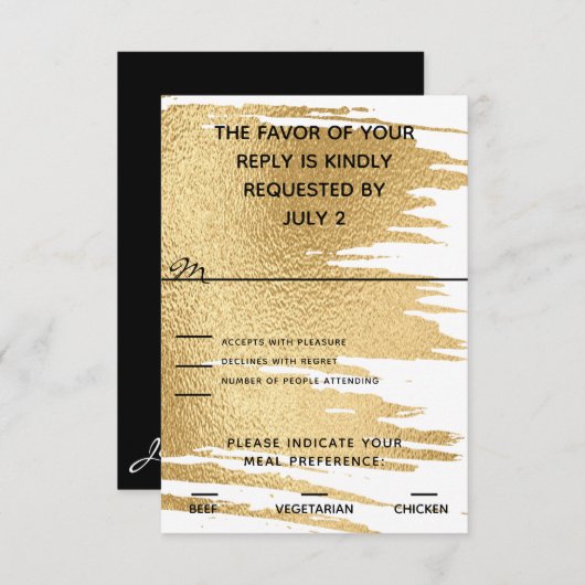 の結婚金ゴールドエレガントとブラックRSVPカード 出欠カード (正面/裏面)