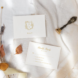 の結婚金ゴールドスクリプトクレストモノグラムRSVPカード 招待状