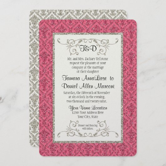 の結婚金ゴールドフェイクグリッターダマスク花柄 招待状 (正面/裏面)