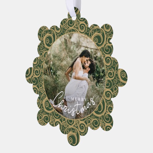 の結婚金ゴールド上の写真Swirl Green Christmas オーナメントカード (左)
