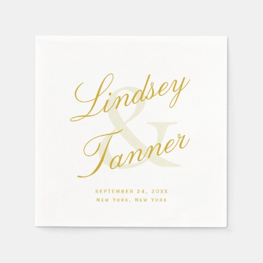 の結婚金ゴールド・スクリプトのエレガント新郎新婦 スタンダードカクテルナプキン (正面)