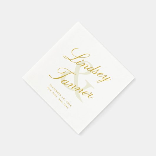 の結婚金ゴールド・スクリプトのエレガント新郎新婦 スタンダードカクテルナプキン (角)