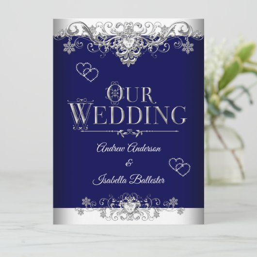 の結婚青エレガント銀ダイヤ王室のモンドハート 招待状 (スタンド正面)