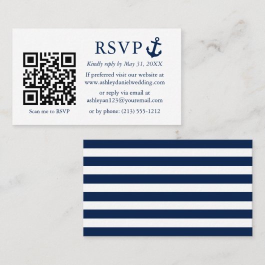 の結婚青航海のいかりRSVP QR ストライプの エンクロージャーカード (正面/裏面)