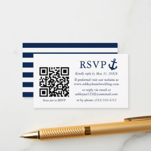 の結婚青航海のいかりRSVP QR ストライプの エンクロージャーカード