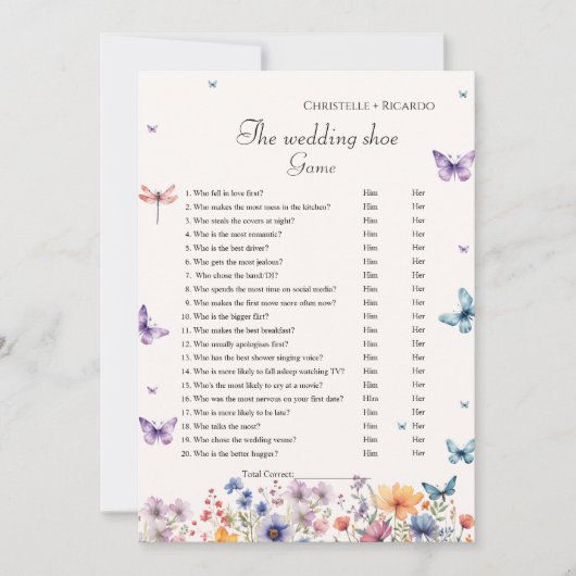 の結婚靴ゲームガーデンバタフライパーティーゲームカード 案内状 (正面)