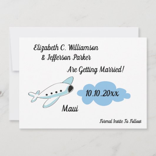 の結婚飛行機の目的地の日付を保存 招待状 (裏面)