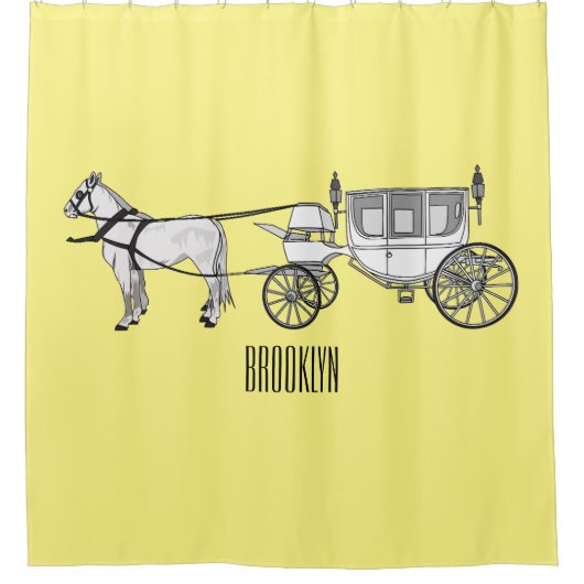 の結婚馬と馬車の漫画イラストレーション シャワーカーテン (正面)