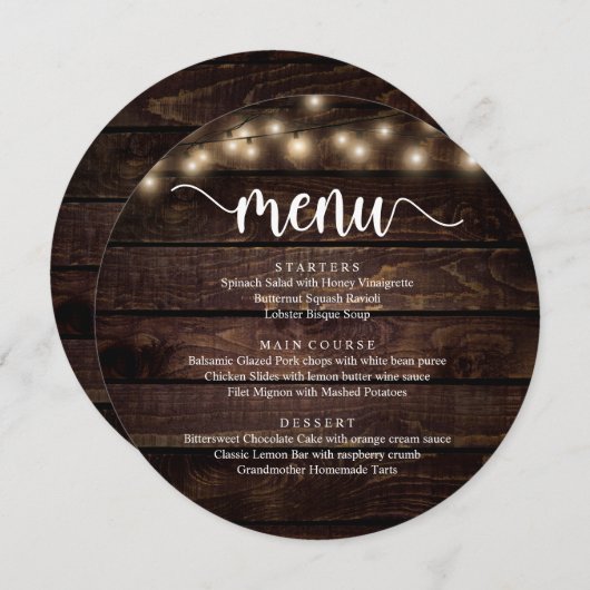 の結婚駆け落ちディナー、ストリングライトブラウン木材 メニュー (正面/裏面)