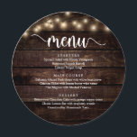 の結婚駆け落ちディナー、ストリングライトブラウン木材 メニュー<br><div class="desc">ダークモダンブラウンのコテージの木材パーティー、ストリングライト、ラウンドプレートの形結婚状、のエロペメントのディナーメニュー。あなたの大きな一日のための完璧なメニューカード。スクリプトフォントの色を変更したり、メニューの内容やフォントを変更してニーズに合わせることができます。</div>