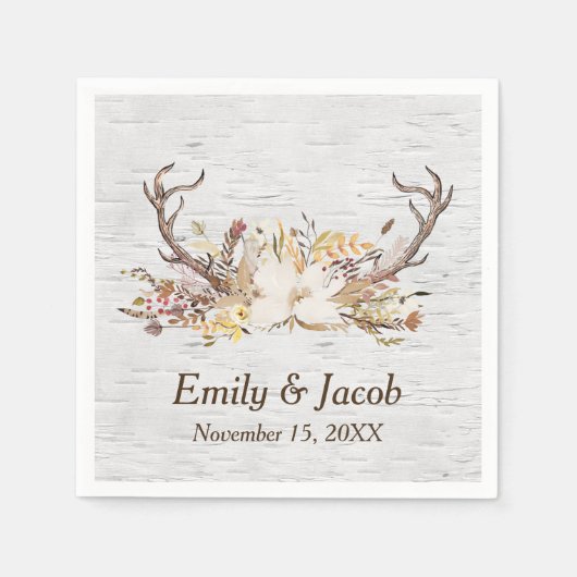 の結婚鹿〔雄ジカの〕枝角オン樺の木 スタンダードカクテルナプキン (正面)