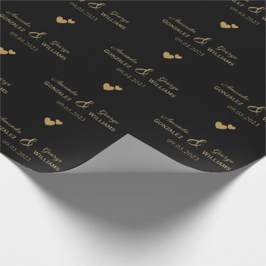 の結婚黄金のハート新郎新婦の名前,ブラック ラッピングペーパー (角)