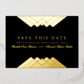 の結婚黒い幾何学的金ゴールド日付を保存 箔招待状 (正面)