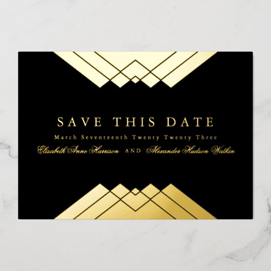 の結婚黒い幾何学的金ゴールド日付を保存 箔招待状 (正面)