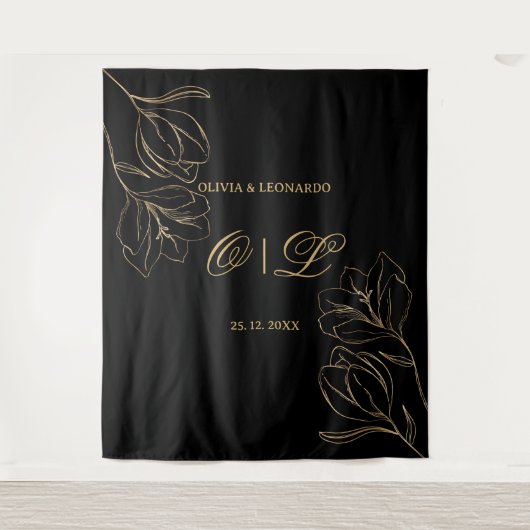 の結婚黒い背景の黄金のフローラ タペストリー (正面)