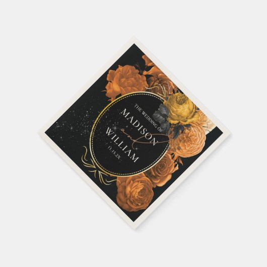 の結婚黒とオレンジのフローラパーソナライズされた スタンダードカクテルナプキン (角)