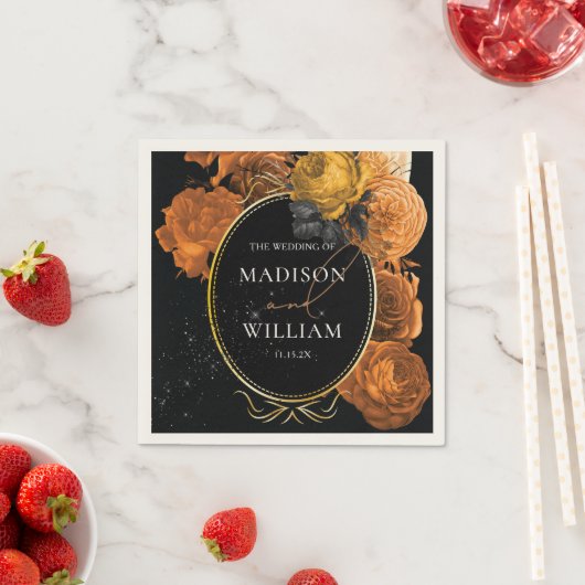 の結婚黒とオレンジのフローラパーソナライズされた スタンダードカクテルナプキン (インサイチュ)