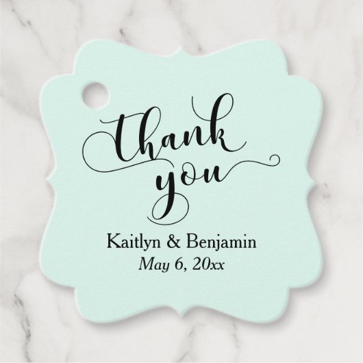 の結婚黒エレガント文字、ミントグリーンありがとう フェイバータグ (正面)