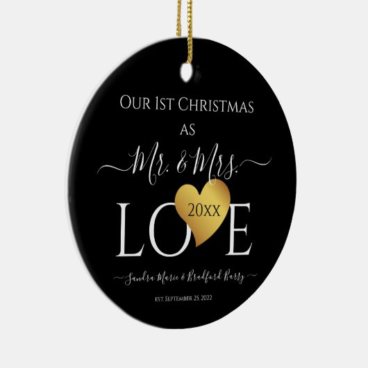 の結婚黒金ゴールドハートクリスマス名ミセス セラミックオーナメント (右)