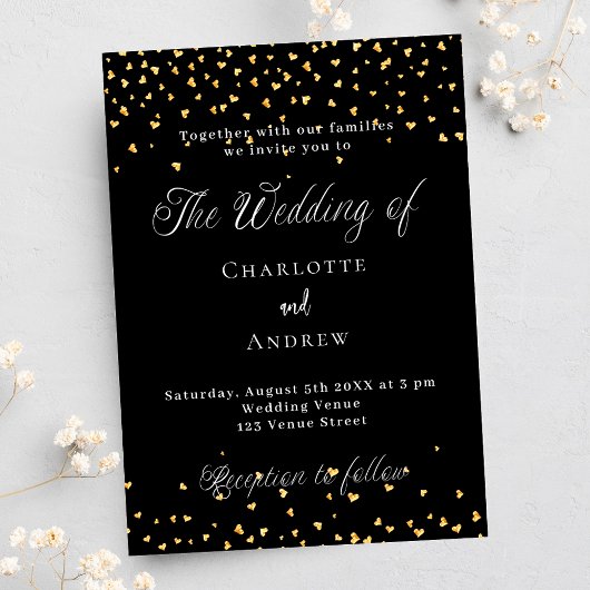 の結婚黒金ゴールドハートスクリプエレガントト インビテーションポストカード