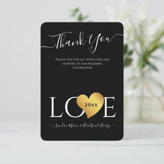 の結婚黒金ゴールドハートスクリプト名Mr. and Mrs. サンキューカード (スタンド正面)