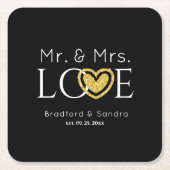 の結婚黒金ゴールドハートスクリプト名Mr. and Mrs. スクエアペーパーコースター (正面)